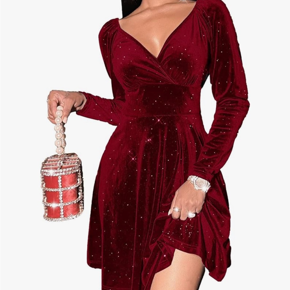Long Sleeve V Neck Sparkly Velvet Dress